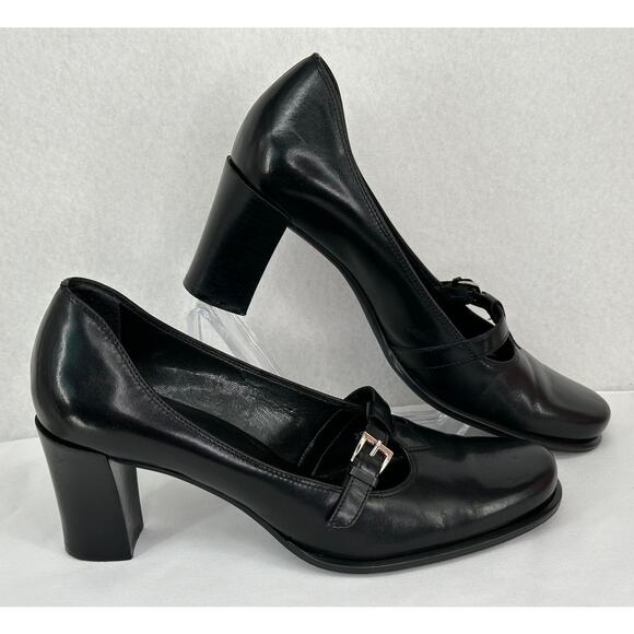 Franco Sarto Black Leather Mary Jane T Strap Round Toe Chunky Block Heels 7M - Picture 2 of 10